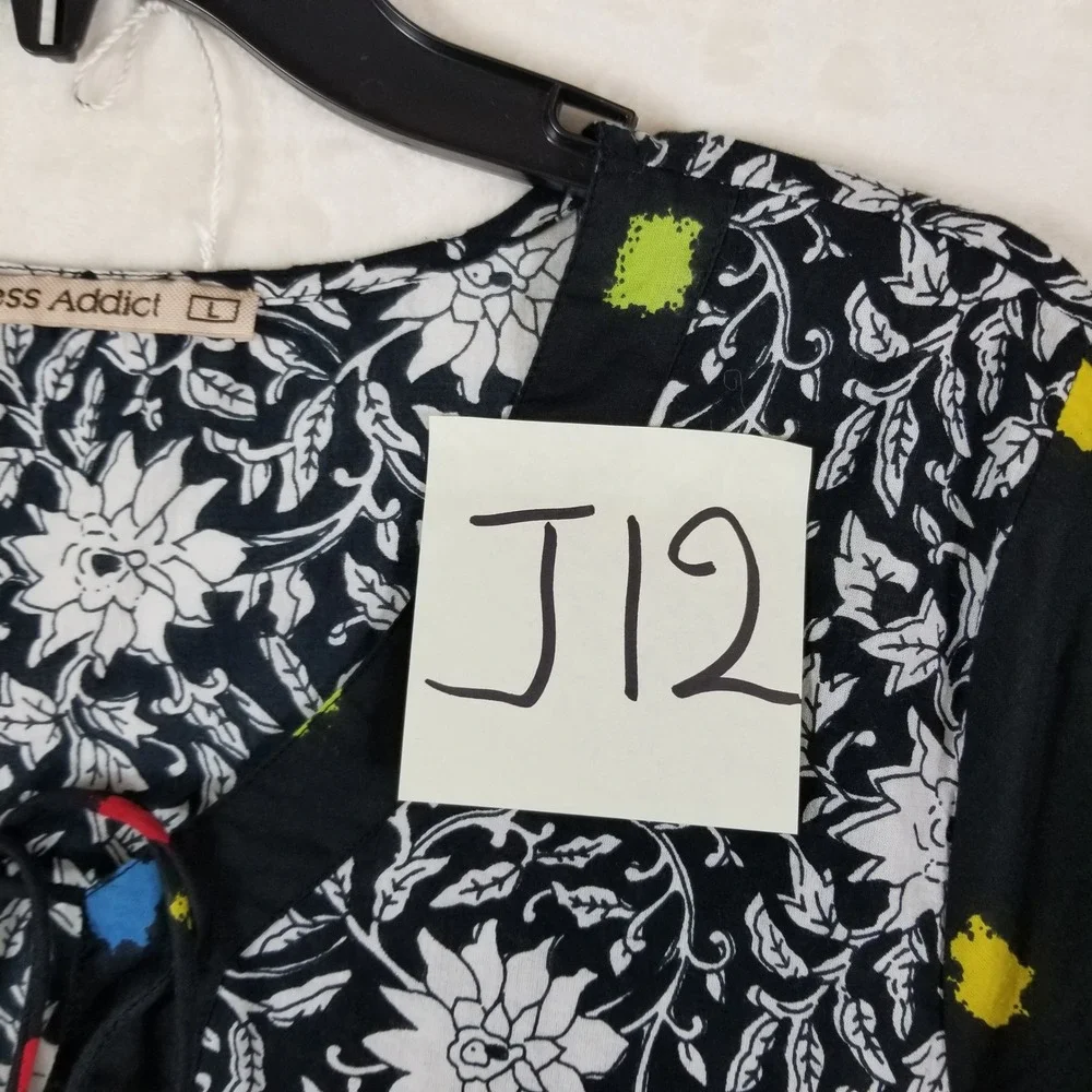 Dress Addict Women Cotton Mixed Print Floral Tiered Mini Dress Black Sz L Boho - Picture 7 of 7